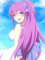  blue_eyes blush breasts commentary_request female highres large_breasts long_hair looking_at_viewer open_mouth ponytail purple_hair rikka_(aitiperopero) ryuugajou_nanana ryuugajou_nanana_no_maizoukin solo 