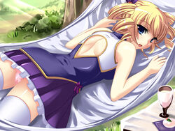  back_cutout blonde_hair blue_eyes clothing_cutout commentary_request drill_hair female koihime_musou looking_back lying on_stomach open_mouth panties pink_panties shin_koihime_musou solo sousou_(koihime_musou) underwear yagami_(mukage) 