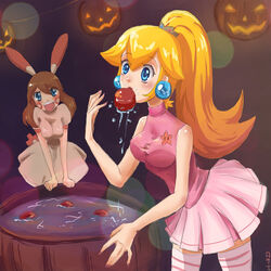  2girls alternate_costume alternate_hairstyle animal_ears animal_tail apple apples barrel blonde_hair breasts brown_hair cheerleader cosplay crossover crown earrings food fruit halloween haruka_(pokemon) jack-o&#039;-lantern jewelry multiple_girls nintendo party plusle plusle_(cosplay) pokemon ponytail princess princess_peach pumpkin rosana skirt socks star striped striped_legwear striped_socks super_mario_bros. tail water 