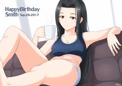  black_hair blue_bra bra breasts brown_eyes character_name cleavage closed_mouth coffee_mug commentary convenient_leg couch cup dated dutch_angle feet_out_of_frame female gecotan happy_birthday long_hair medium_breasts monster_musume_no_iru_nichijou ms._smith mug navel panties september shadow signature sitting smile solo steam underwear underwear_only very_long_hair white_panties 