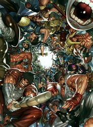  6+boys 6+girls alex_(street_fighter) anakaris animal_print ayuhara_natsu bat_print battle cammy_white capcom character_request chun-li collaboration company_connection cover cover_page crossover demitri_maximoff dhalsim donovan_baine drill_hair everyone final_fight genryuusai_maki guile guy_(final_fight) halterneck hibiki_dan hibiki_ran highres hugo_andore ibuki_(street_fighter) ichimonji_batsu joe_ng juri_han justice_gakuen kasugano_sakura lilith_aensland mike_haggar morrigan_aensland multiple_boys multiple_girls nekketsu_hayato ninja pantyhose pelvic_curtain phobos_(vampire) print_pantyhose rufus_(valkyrie_profile) ryu_(street_fighter) saejin_oh sasquatch_(vampire) sean_matsuda shinai street_fighter sword twin_drills vampire_(game) weapon you_gonna_get_raped zangief 