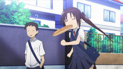  ? backpack bag bread chibi food late late_for_school long_hair mouth question_mark randoseru running school school_uniform schoolgirl seitokai_yakuindomo siblings sister tsuda_kotomi twintails 