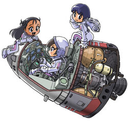  3girls bodysuit chibi doll engine kiichi miura_akane_(rocket_girls) morita_matsuri morita_yukari multiple_girls rocket rocket_girls simple_background skin_tight solomon_space_association spacecraft spacesuit x-ray 