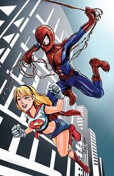  1boy alien blonde_hair bodysuit boots cape city crop_top crossover dc_comics female flying globes gloves hairband kara_zor-el kryptonian marvel mask midriff red_cape s_shield shirt smile spider-man spider-man_(series) supergirl superhero superman_(series) t-shirt white_gloves 