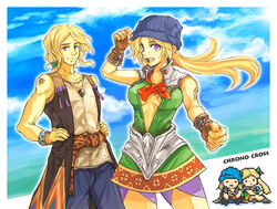  1boy belt blonde_hair blue_eyes bracelet center_opening chrono_cross cloud commentary_request day doc_(chrono_cross) female gloves hat jacket jewelry long_hair necklace ocean orlha_(chrono_cross) photoshop_(medium) purple_eyes skirt sky tommy0117 