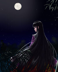  absurdres atkdog black_hair commentary_request dark female from_behind full_moon highres houraisan_kaguya long_hair long_skirt long_sleeves looking_at_viewer looking_back moon moonlight night night_sky red_skirt shirt skirt sky smile solo star_(sky) touhou very_long_hair wide_sleeves 