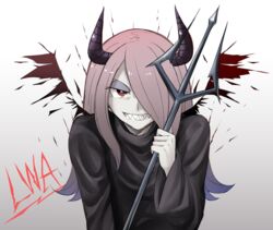  black_wings bright_pupils commentary_request copyright_name demon_girl demon_horns female gradient_background gradient_hair hair_over_one_eye half-closed_eye highres holding holding_weapon horns little_witch_academia long_hair long_sleeves looking_at_viewer multicolored_hair open_mouth orinpachu pale_skin pink_hair polearm purple_hair red_eyes robe sharp_teeth solo sucy_manbavaran teeth trident upper_body weapon white_background wings 