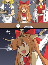  3girls bowl chopsticks commentary_request empty_eyes faceless fish food food_on_head hakurei_reimu hanjuku_tomato horns ibuki_suika kirisame_marisa long_hair mezashi_(food) multiple_girls nattou no_pupils object_on_head open_mouth plate rice setsubun touhou 