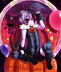  1boy bad_id bad_pixiv_id cape demon_boy halloween happy_halloween horns male_focus miki_souya multicolored_hair muma pointy_ears red_eyes solo thighhighs two-tone_hair zettai_meikyuu_grimm 