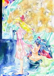  artist_request blonde_hair blue_hair braid breasts chrono_cross glenn_(chrono_cross) harle_(chrono_cross) jewelry kid_(chrono_cross) leena_(chrono_cross) long_hair multiple_boys multiple_girls riddel_(chrono_cross) serge_(chrono_cross) short_hair single_braid smile vest 