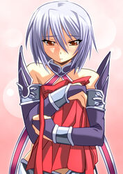  arm_guards armlet bare_shoulders blush bridal_gauntlets brown_eyes collar commentary_request covering_privates elbow_gloves embarrassed female gloves hair_between_eyes kayuu koihime_musou looking_down nose_blush parted_lips pink_background purple_gloves shin_koihime_musou short_hair silver_hair simple_background solo tsurime upper_body yagami_(mukage) 