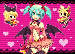  1boy 2girls aqua_eyes aqua_hair belt blonde_hair chibi commentary_request d_(pixiv544157) demon_tail demon_wings elbow_gloves garter_straps gloves hatsune_miku headset heart heart_hunter_(module) kagamine_len kagamine_rin multiple_girls navel project_diva project_diva_(series) short_hair skirt tail thighhighs twintails vocaloid wings 