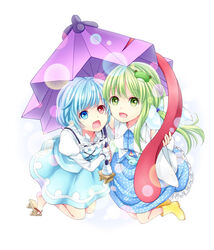  2girls bad_id bad_pixiv_id blue_eyes blue_hair breasts detached_sleeves frog_hair_ornament fuusha green_eyes green_hair hair_ornament hair_tubes heterochromia karakasa_obake kochiya_sanae long_hair medium_breasts multiple_girls open_mouth purple_umbrella red_eyes short_hair skirt smile snake tatara_kogasa tongue touhou umbrella 