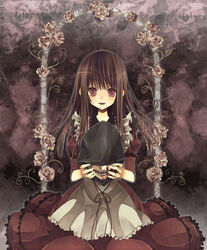  alice_(alice_in_wonderland) alice_in_wonderland bad_id bad_pixiv_id blood brown_eyes brown_hair dress female flower head long_hair ringo_komachi solo 