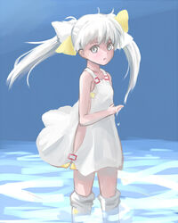  ababarion commentary_request dress female grey_eyes hair_ribbon no_panties open_mouth ribbon sideless_outfit sleeveless solo tama_(wixoss) thighhighs twintails water white_dress white_hair white_thighhighs wind wind_lift wixoss 