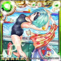  .hack// .hack//link 2012 aqua_hair black_one-piece_swimsuit bug butterfly commentary_request day expressionless eyepatch female guilty_dragon klarinette_(.hack//) munaage one-piece_swimsuit pool print_towel short_hair solo standing star_(symbol) swimsuit towel 