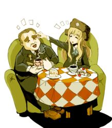  cake chair checkered closed_eyes coffee drawfag female food formal fur_hat hammer_and_sickle hat k-on! kotobuki_tsumugi leonid_brezhnev loafers long_hair pastry russia sakuragaoka_high_school_uniform school_uniform shoes smile soviet suit table tea thick_eyebrows ushanka 