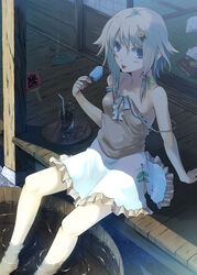  bad_id bad_pixiv_id barefoot blue_eyes commentary_request drink female flat_chest food off_shoulder original popsicle shade short_hair silver_hair sitting soaking_feet solo strap_slip tamaki_fuyu water 