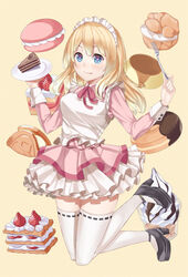  black_footwear blonde_hair blue_eyes cake chocolate_cake chocolate_syrup commentary_request cream_puff doughnut dress female flower food fork fruit headdress heart heart-shaped_pupils high_heels highres holding holding_flower holding_fork holding_plate ice_cream long_hair macaron maid_headdress mille-feuille neck_ribbon original parfait pink_dress pink_ribbon plaid plaid_background plate pudding pumps ray-akila ribbon smile soft_serve solo strawberry strawberry_shortcake symbol-shaped_pupils thighhighs white_thighhighs yellow_background 