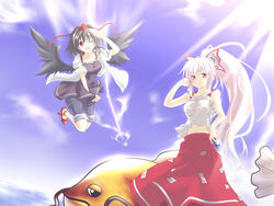  2girls alternate_costume alternate_hairstyle bare_shoulders black_hair black_wings casual catfish chaigidhiell commentary_request contemporary contrail day fish fujiwara_no_mokou geta midriff multiple_girls namazu navel one_eye_closed pants ponytail red_eyes sandals shameimaru_aya sonic_boom_(speed) tengu-geta touhou white_hair wings 