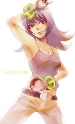  armpits bangle belt bracelet breasts camisole character_name commentary_request cowboy_shot crop_top female flipped_hair glowing highres holding holding_poke_ball jewelry makoto1009 midriff poke_ball poke_ball_(basic) pokemon pokemon_hgss purple_hair sabrina_(pokemon) simple_background solo white_background 