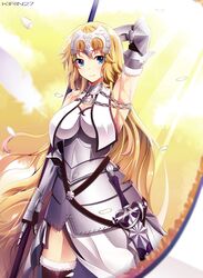  armor armored_dress armpits blonde_hair blue_eyes breasts capelet chains cleavage commentary_request fate/apocrypha fate/grand_order fate_(series) faulds female flag fur_trim gauntlets headpiece highres jeanne_d&#039;arc_(fate) jeanne_d&#039;arc_(third_ascension)_(fate) kirin27 large_breasts long_hair looking_at_viewer solo standard_bearer sunlight thighhighs yellow_eyes 