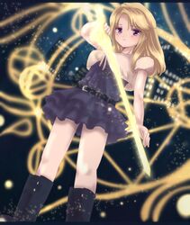  belt blonde_hair boots dress female final_fantasy final_fantasy_versus_xiii final_fantasy_xv jacket long_hair magic miniskirt minnku outdoors purple_eyes skirt sky solo stella_nox_fleuret sword weapon 