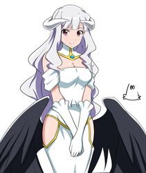  absurdres albedo_(overlord) albedo_(overlord)_(cosplay) bare_shoulders black_wings breasts cleavage commentary_request cosplay demon_girl demon_horns dress female gloves grey_hair hara_yumi highres hip_vent horns idolmaster idolmaster_(classic) jabara_tornado long_hair looking_at_viewer low_wings medium_breasts overlord_(maruyama) purple_eyes red_eyes shijou_takane solo voice_actor_connection wings 