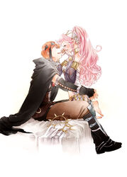  1boy bad_id bad_pixiv_id barefoot boots braid bridal_gauntlets cape commentary_request covering_own_mouth female fingerless_gloves fire_emblem fire_emblem_awakening gaius_(fire_emblem) gloves hand_over_own_mouth headband highres moka_(choco_liliy) olivia_(fire_emblem) open_mouth orange_hair photoshop_(medium) pink_hair ponytail sitting smile 