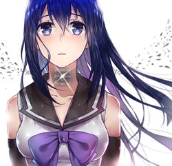  bare_shoulders black_gloves blue_eyes blue_hair commentary_request elbow_gloves female gloves gokukoku_no_brynhildr harnessed_(gokukoku_no_brynhildr) kuroha_neko long_hair photoshop_(medium) sa_(h28085) sailor_collar solo x-ray 