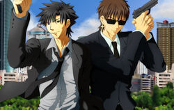  2boys absurdres black_eyes black_hair brown_eyes brown_hair commentary_request cross cross_earrings earrings emiya_kiritsugu fate/zero fate_(series) formal gun handgun highres jewelry kotomine_kirei luclu03 male_focus multiple_boys necktie photoshop_(medium) suit sunglasses weapon 