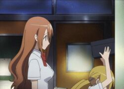  2girls animated animated animated blonde_hair bounce bouncing_breasts box breasts brown_hair drop hagimura_suzu indoors long_hair lowres multiple_girls physics ribbon school_uniform seitokai_yakuindomo shichijou_aria twintails 