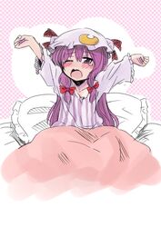  blush_stickers commentary_request dotted_background female hat mayuge_inu outstretched_arms patchouli_knowledge purple_eyes purple_hair solo teardrop tears touhou waking_up wavy_mouth 