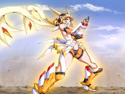  aoi_yuu_(komeda_yuu) armor bodysuit brown_hair cloud cloudy_sky commentary_request day elbow_gloves female fighting_stance gloves headgear headphones highres midriff navel open_mouth orange_eyes photoshop_(medium) scarf senki_zesshou_symphogear short_hair skirt sky solo tachibana_hibiki_(symphogear) 