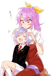  +++ 2girls 6_(yuchae) :d ^_^ animal_ears blazer bow closed_eyes commentary_request hair_ribbon hairbow headpat highres holding_ears jacket long_hair multiple_girls necktie open_mouth playing_with_another&#039;s_ears ponytail purple_hair rabbit_ears red_eyes reisen_(touhou_bougetsushou) ribbon short_hair smile touhou translated tsurime watatsuki_no_yorihime 