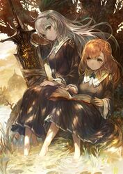  2girls against_tree arnas_(yoru_no_nai_kuni) barefoot black_dress book braid brown_eyes crest crown_braid dappled_sunlight dress grass hairband half_updo hand_on_lap huge_weapon imageboard_desourced light_brown_hair light_smile long_hair long_sleeves looking_at_another lyuritis_(yoru_no_nai_kuni) multiple_girls non-web_source official_art open_book outdoors school_uniform serious silver_hair sitting soaking_feet sunlight sword tree water weapon yoru_no_nai_kuni yoshiku_(oden-usagi) yuri 