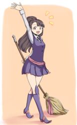  :d ^^^ arm_up blunt_bangs boots broom brown_hair commentary_request dress female full_body hair_tie highres holding holding_broom kagari_atsuko knee_boots little_witch_academia long_hair long_sleeves luna_nova_school_uniform open_mouth orange_background orinpachu pinafore_dress purple_dress purple_footwear red_eyes school_uniform shirt simple_background sleeveless sleeveless_dress smile solo teeth topknot upper_teeth_only walking waving white_shirt 