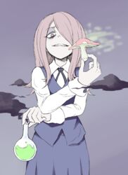  bags_under_eyes bright_pupils collared_shirt commentary_request crossed_arms female foreshortening hair_over_one_eye half-closed_eye holding liquid little_witch_academia long_hair long_sleeves looking_at_viewer luna_nova_school_uniform mushroom orinpachu pale_skin pink_hair purple_background purple_skirt purple_vest red_eyes school_uniform shirt simple_background skirt sleeve_cuffs smell smoke solo sucy_manbavaran upper_body vest white_shirt wing_collar 