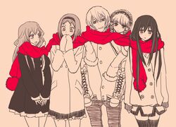  1boy 4girls bad_id bad_pixiv_id carrying commentary_request gokukoku_no_brynhildr hairband kazumi_schlierenzauer kiukko kuroha_neko monochrome multiple_girls murakami_ryouta piggyback red_scarf scarf shared_clothes shared_scarf spot_color tachibana_kana takatori_kotori thighhighs 