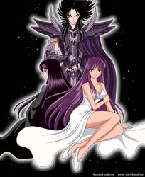  2girls absurdres athena athena_(saint_seiya) black_hair goddess hades hades_(saint_seiya) highres kido_saori kidou_saori legs long_hair multiple_girls pandora pandora_(saint_seiya) purple_hair saint_seiya saori_kido thighs 