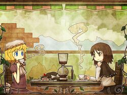  2girls akihiyo black_capelet blonde_hair blue_eyes bow brown_eyes brown_hair capelet chair coffee coffee_maker coffee_siphon commentary_request cup dress drinking hat hat_bow ivy long_sleeves magical_astronomy maribel_hearn multiple_girls plant ribbon-trimmed_capelet ribbon_trim sitting smile touhou unworn_hat unworn_headwear usami_renko 