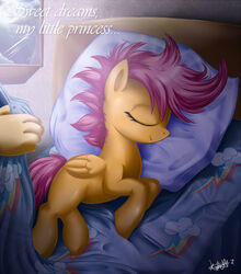  2012 bed closed_eyes duo english_text equid equine feathered_wings feathers female feral friendship_is_magic furniture hair hasbro human knifeh mammal moon my_little_pony mythological_creature mythological_equine mythology orange_body orange_feathers pegasus purple_hair quadruped rainbow rainbow_(artist) scootaloo_(mlp) sleeping tail text wings young young_feral 