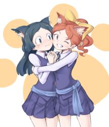  2girls ;d barbara_parker black_hair blue_eyes bow closed_mouth collared_shirt commentary cowboy_shot dress frown grin hairbow hanna_england head_tilt hug kemonomimi_mode little_witch_academia long_hair long_sleeves looking_at_viewer luna_nova_school_uniform multiple_girls one_eye_closed open_mouth orange_eyes orange_hair orinpachu own_hands_together parted_lips paw_print paw_print_background pinafore_dress ponytail purple_dress school_uniform shirt sleeveless sleeveless_dress smile standing tareme teeth two-tone_background wavy_hair wavy_mouth whiskers white_shirt wing_collar yellow_bow yuri 