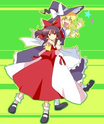  &gt;:) 2girls :d arm_around_neck blonde_hair braid brown_hair commentary_request detached_sleeves expressionless hakurei_reimu hanjuku_tomato hat kirisame_marisa multiple_girls open_mouth ponytail red_eyes ribbon short_hair smile star_(symbol) touhou v-shaped_eyebrows waving wide_sleeves witch_hat yellow_eyes 