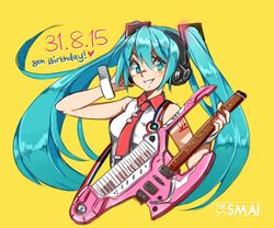  aqua_eyes aqua_hair commentary dated electric_guitar female guitar happy_birthday hatsune_miku headphones headset instrument keytar long_hair nail_polish necktie sami_briggs sleeveless solo tattoo twintails upper_body very_long_hair vocaloid watermark wrist_cuffs yellow_background 