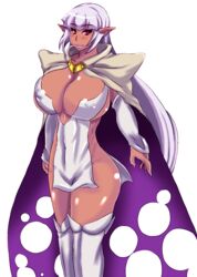  arcana_heart arcana_heart_3 breasts cape cleavage commentary_request covered_nipples dark-skinned_female dark_skin female highres huge_breasts long_hair looking_at_viewer parace_l&#039;sia pink_eyes pointy_ears purple_hair shiny_skin smile solo thighhighs thighs transparent_background very_long_hair wakamoto_ero_mondo_tadao white_thighhighs 