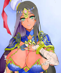  arm_wrap armor azukiko black_hair blue_armor blue_background bracelet breastplate breasts chains circlet cleavage commentary_request dark-skinned_female dark_skin detached_collar eyelashes facial_mark fate/grand_order fate_(series) female green_eyes hand_on_own_chest hat huge_breasts jewelry long_hair necklace parted_bangs parted_lips pauldrons pearl_necklace photoshop_(medium) ring scheherazade_(fate) shoulder_armor slit_pupils solo thumb_ring 