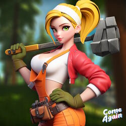  2023 3d_(artwork) ai_generated big_breasts big_butt bing_image_creator blonde_hair comeagainai crop-top earrings eyelashes fanny_pack female female_mechanic_(scrap_mechanic) gloves green_eyes hand_on_hip headband holding_hammer holding_object jacket light_skin looking_at_viewer mechanic overalls pixar_style ponytail red_jacket scrap_mechanic sledgehammer solo stable_diffusion t-shirt tied_hair tight_clothing tool_belt white_shirt 