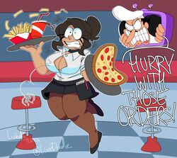  1boy 1girls breasts button_down_shirt cleavage footwear holding_object leggings lizielewddle lizielewddle_(character) looking_at_another moustache peppino_spaghetti pizza_tower short_hair skirt tagme text thick thick_thighs wide_hips 