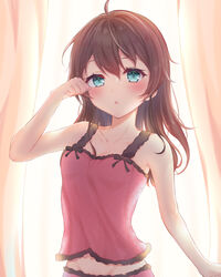  absurdres ahoge alternate_hairstyle backlighting blue_eyes blush breasts brown_hair camisole chemise cleavage clenched_hand collarbone commentary cowboy_shot curtains eyelashes female groin hair_between_eyes hair_down highres hololive long_hair looking_at_viewer natsuiro_matsuri open_mouth pink_camisole rubbing_eyes sleepwear sleeveless small_breasts solo sunlight virtual_youtuber window zky_(oekaky) 